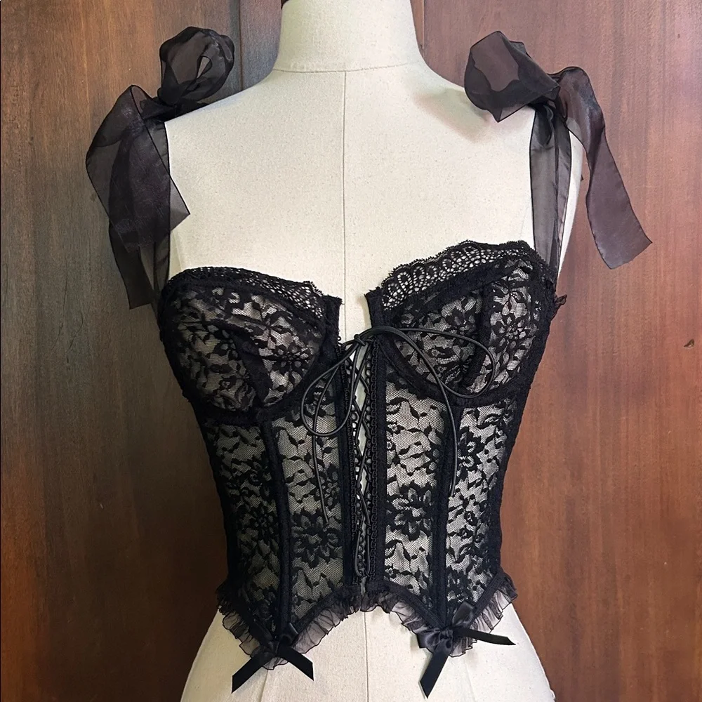 Black Lace Corset with Sheer Organza Bow Straps S - Picture 6 of 6